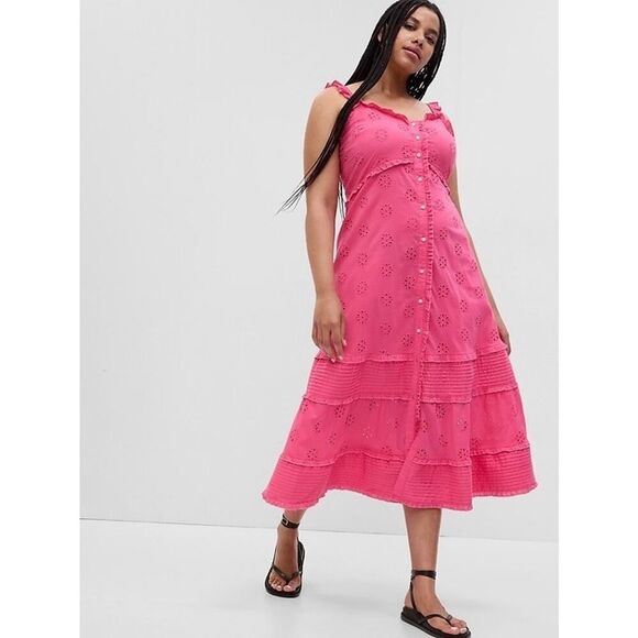 Old Navy Dresses & Skirts - NWT Old Navy Pink Eyelet Button-Front Midi Dress XL Ruffle Strap Cotton